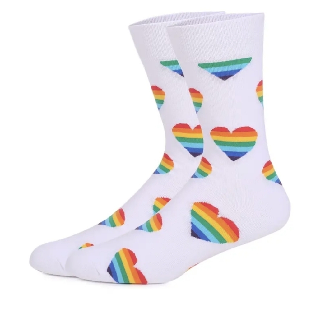 🌈Socks--Rainbow Hearts on White, Men's crew